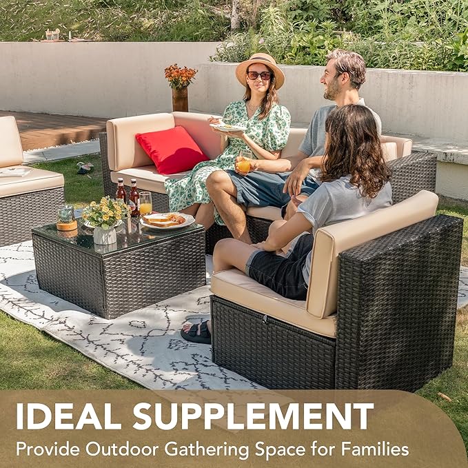 Devoko Patio Furniture Sets 6 Pieces Outdoor Sectional Rattan Sofa Manual Weaving Wicker Patio Conversation Set with Glass Table and Cushion (Beige) DEVOKO