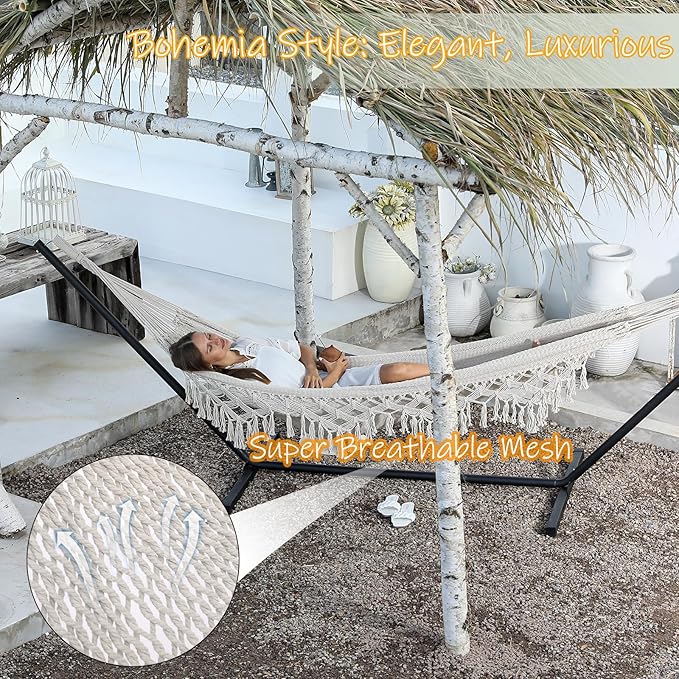 ZEAN Handwoven Hammock with Tassels by Thick Cotton Rope XL Two Person Hammock for Outside Patio Backyard Garden Beach 550LB Capacity ZEANTZ.