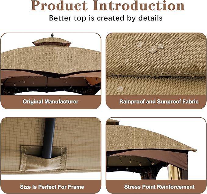 SCOCANOPY Khaki Ripstop Replacement Top for Lowe's Allen Roth 10X12 Gazebo Model #GF-12S004B-1/ GF-12S004BTO SCOCANOPY