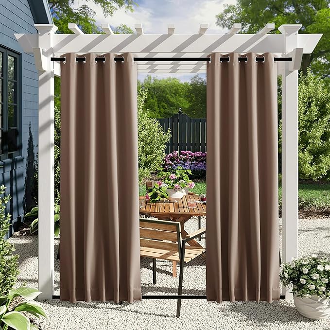 NICETOWN 2 Panels Blackout Patio Waterproof Outdoor Curtains, Insulated Top & Bottom Grommet & Back Tab Windproof Room Darkening Drapes Privacy for Pergola with Fixed Ropes, W46 x L72, Tan-Khaki NICETOWN