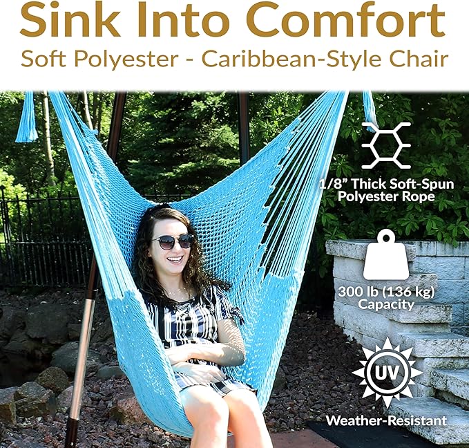Sunnydaze Outdoor Hammock Chair Swing - Hanging Hammock Swing - Hanging Reading Chair - Soft-Spun Polyester Rope - Caribbean XL - Sky Blue SunnydazeDecor