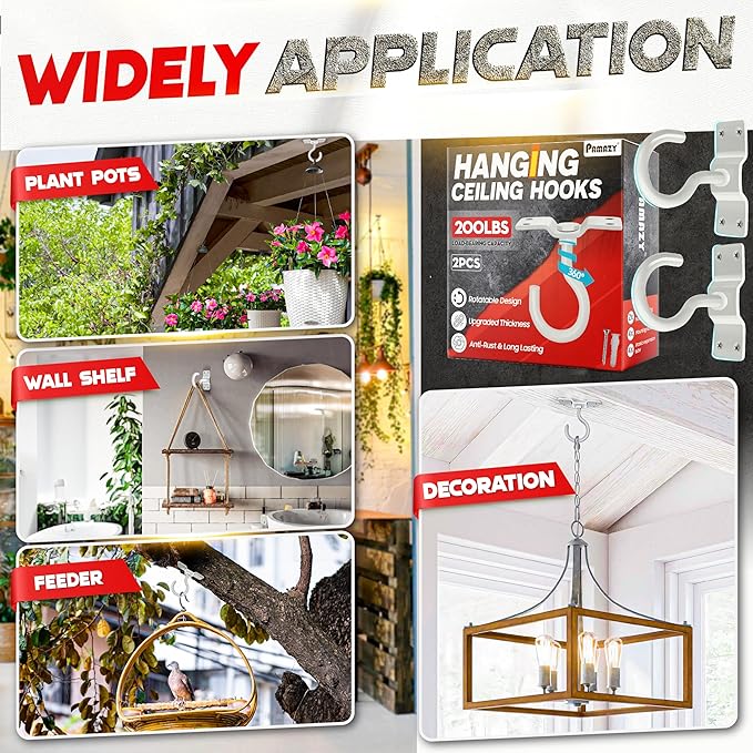 [UPGRADED] 2Pcs 200LBS Rotatable Ceiling Hooks with 4 Screw Points Base, Wall Mount Metal Hanger White Ceiling Hook for Hanging Plant, Bird Feeder, Lights, Bed Canopy, Wind Chime, Indoor Outdoor Decor Pamazy