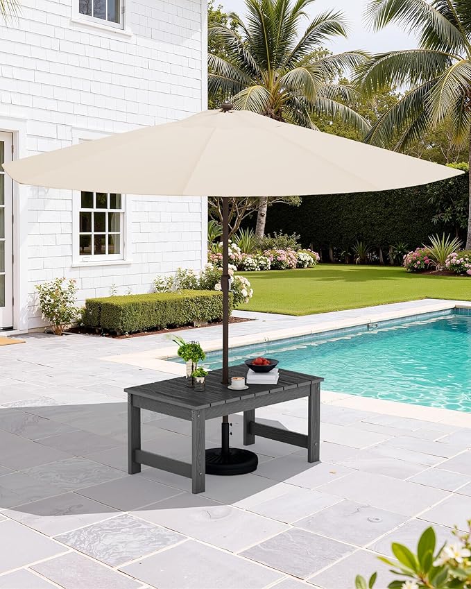 SERWALL Outdoor Coffee Table with 9FT Umbrella, HDPE Patio Coffee Table for Outside, Rectangle, Gray(Not Include Umbrella Base) SERWALL