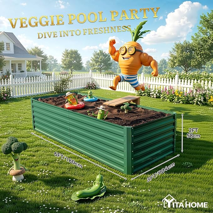YITAHOME 6x3x2 ft Galvanized Raised Garden Bed Kit, Large Metal Planter Box with Gloves & Support Rod, Outdoor Flower Bed for Plants Vegetables, Green YITAHOME