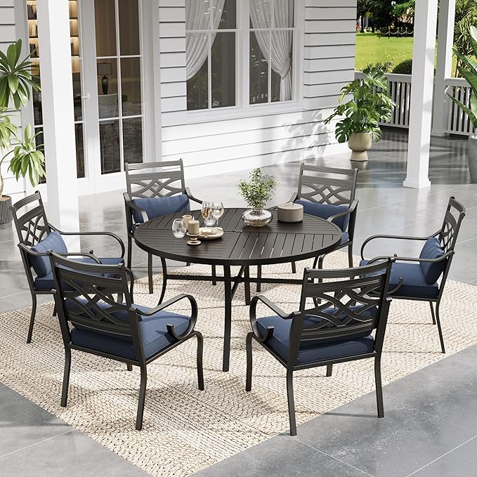 Sophia and William Patio Dining Set for 6, Outdoor Table and Chairs, Removable Seat Cushions, Black 54" Round Patio Dining Table,Blue SophiaWilliam