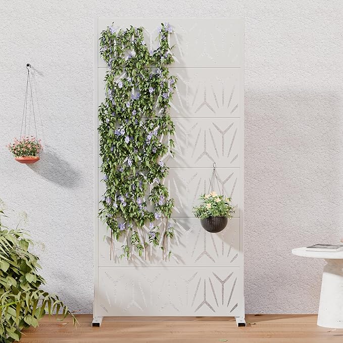 Casaphoria Metal Privacy Screen Outdoor, 72" H x 35" W Freestanding Decorative Privacy Screen for Patio Deck Balcony Garden with Stable Base, White-Star Casaphoria