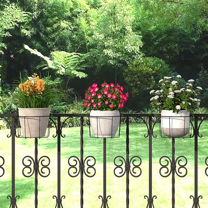 TQVAI 10 Inch Railing Planter - Fit for 3 to 5.5 Inches Railing - Adjustable Hanging Planters Outdoor Balcony Deck Flower Pot Holder Metal Baskets for Garden Orchid, Patio Ledge, 3 Pack, Black TQVAI