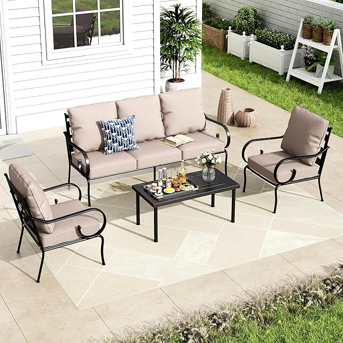 MFSTUDIO 5 Seats Large Metal Patio Conversation Sets, 4 Pieces Outdoor Furniture Sofa with 2 Fixed Chairs, 1 Sofa(3-seat) and Table for Outside Balcony Backyard Poolside MFSTUDIO