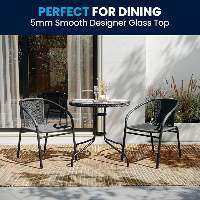 Flash Furniture 3-Piece Patio Dining Set with Round Glass Metal Table and 2 Stackable Rattan Chairs, Indoor/Outdoor Bistro Table and Chairs Set, Gray FlashFurniture