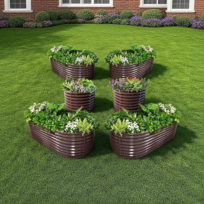 A ANLEOLIFE Set of 6, 30 Inch Extra Tall Galvanized Raised Garden Beds Kit, Large Oval & Round Metal Planters – Ideal for Backyard Vegetables Flowers Herbs, CaféBronze AAnleolife