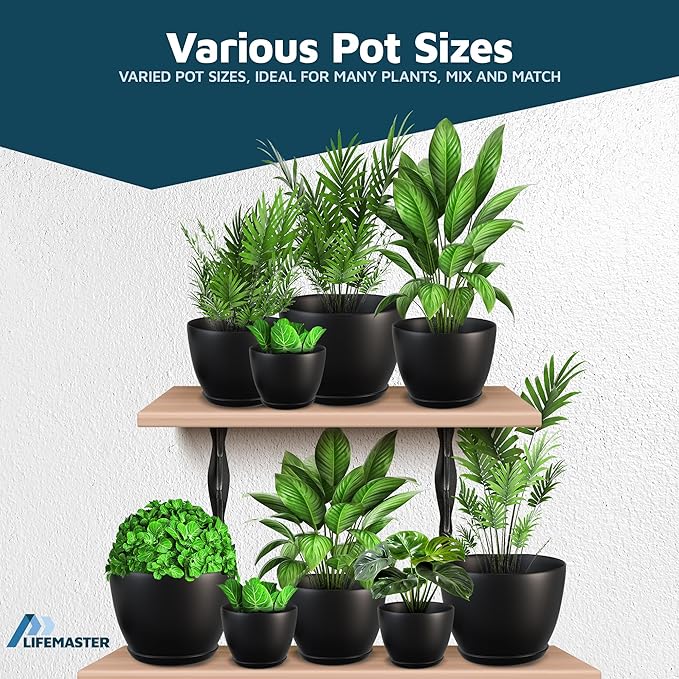Lifemaster Plant Pots with Multi Drainage Holes - 5 Pieces Versatile, Sturdy Plastic, Stackable Design Home Decor Flower Pots for Indoor and Outdoor Gardening - Black LIFEMASTER