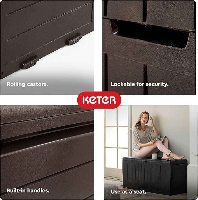 Keter Marvel Plus 71 Gallon Resin Outdoor Storage Box for Patio, Balcony & Garden – Weather‑Resistant Deck Box for Cushions, Pillows, Pool Floats & Tools, Brown