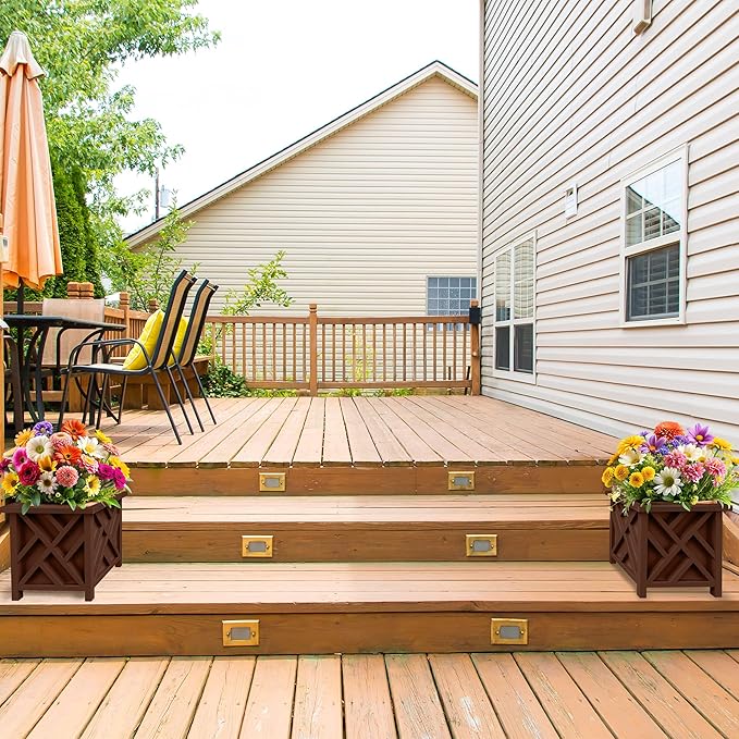 Lattice Design Outdoor Planter Box 2-Pack - 14.75” Square 13” Tall Brown Decorative Plant Pots for Front Porch Decor - Flower Pots Outdoor Planters for Porch Patio or Garden Decor by Pure Garden PureGarden