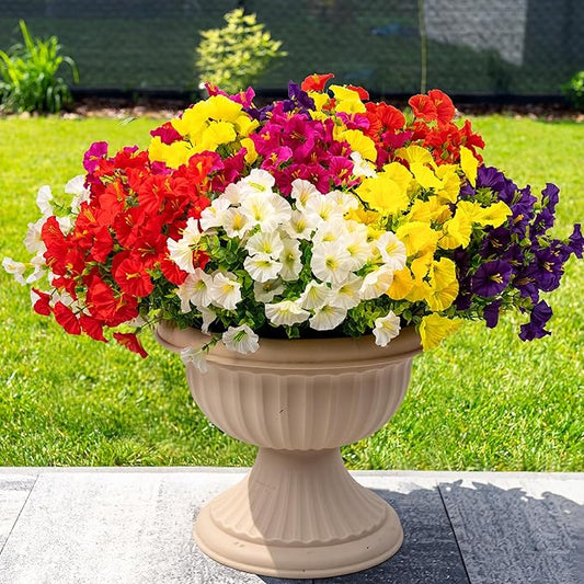 20PCS Artificial Fake Flowers for Outdoors/Indoors, Faux Silk Colorful Morning Glory with Eucalyptus, UV Resistant Realistic Floral Arrangement for Garden Porch Window Box Home Balcony Yard (5 Colors) ColoPlay