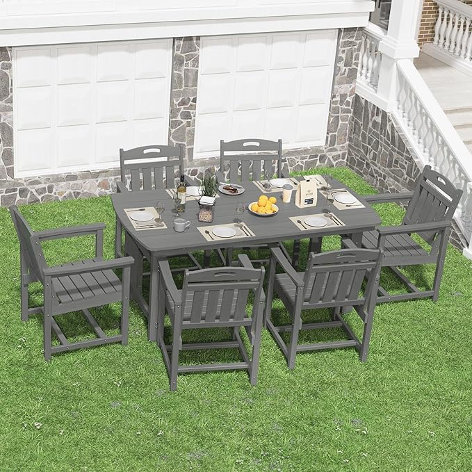 HDPE Outdoor Patio Dining Set with Table & 6 Chairs, All-Weather 7-Piece Outdoor Table and Chairs, 2" Umbrella Hole, Patio Furniture for Garden, Backyard, Deck | Grey Suunyn