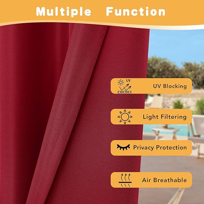 HolidayIdeas Red Outdoor Curtains for Patio Waterproof, 2 Panels - 54 x 108 Inch - Privacy Protection & Light Filtering Curtains Grommet Outside Curtains for Porch, Gazebo, Pergola, Backyard HolidayIdeas