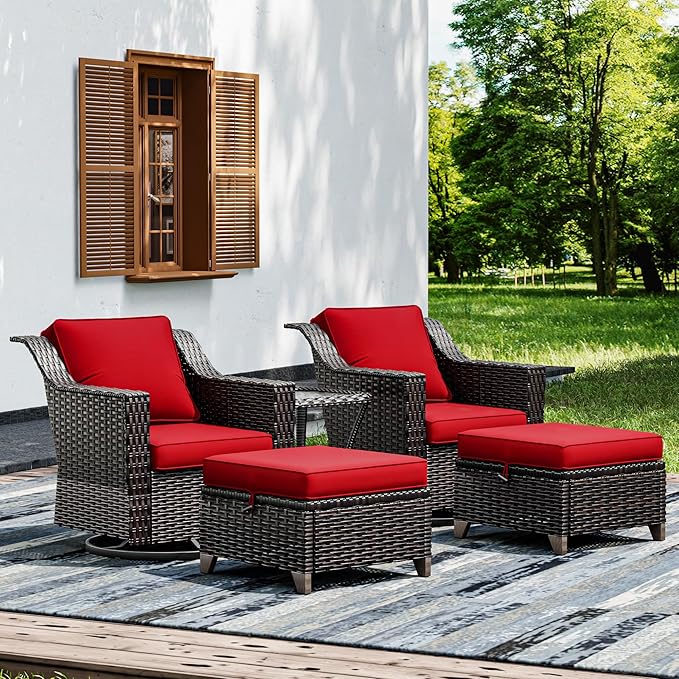 Joyside Wicker Patio Furniture Sets, 5 Pieces Upgraded Large Size Outdoor Furniture with Swivel Rocking Patio Chairs, Outdoor Ottoman and Side Table, Thick Cushions, Wide Armrest Joyside