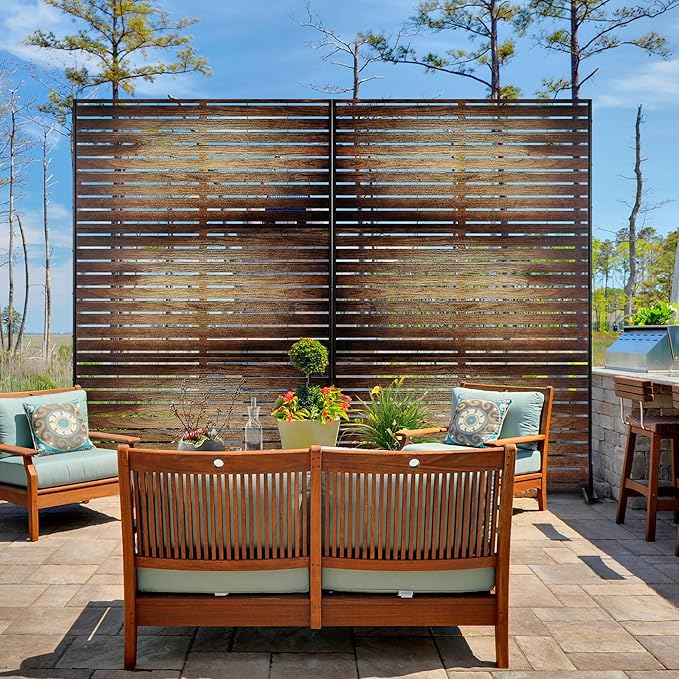 FENCY Metal Outdoor Privacy Screen 72" H×47" W Vintage Wood Color Patio Privacy Screen, Freestanding Decorative for Deck Balcony Patio FENCY