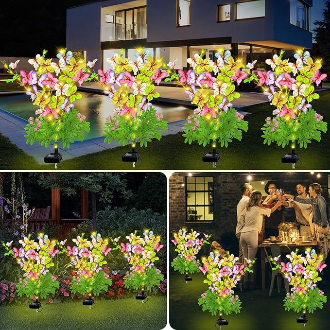 Solar Garden Lights Outdoor Waterproof,4 Packs Solar Swaying Butterfly Lights Decor,Gardening Butterfly Gifts for Mom Women,Solar Flowers Plant Lights Decorative Stakes for Yard Patio Lawn Pathway EDOF