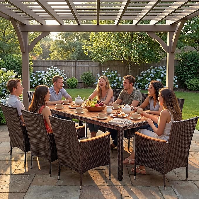 Devoko Outdoor Patio Dining Sets 9 Pieces Wicker Outdoor Dining Table and Chairs Set with Acacia Wood Table Top and Widened Armrests for Backyard, Garden, Deck (Brown) DEVOKO