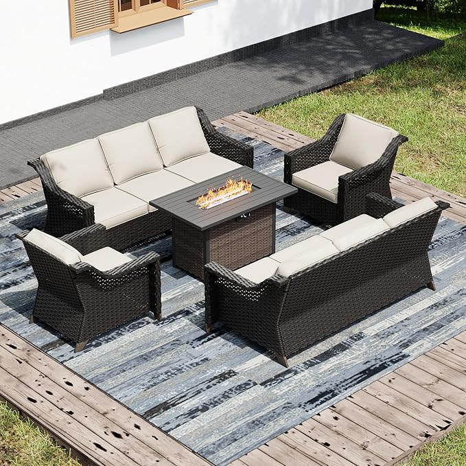 Joyside Wicker Patio Furniture Sets, 5 Pieces Upgraded Large Size Outdoor Furniture with Patio Dining Chair, Two 3-Seat Sofa, Fire Table,Thick Cushions, Wide Armrest, Beige Joyside