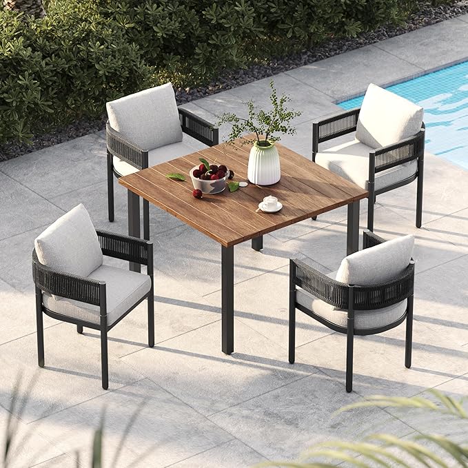 Grand patio 5-Piece Outdoor Dining Set for 4, Metal Woven Wicker Fixed Patio Chairs with Thickened Cushions & 1 Square Woodgrain Dining Table with Umbrella Hole for Backyard Deck (Black) GrandPatio