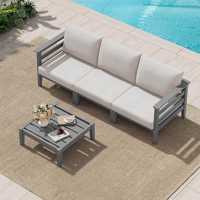 SERWALL HDPE Patio Furniture Set, 4 Pieces Outdoor Sectional Sofa Set, All-Weather Wood-Like Outdoor Sofa Couch with Coffee Table for Deck, Lawn, Grey Frame with Khaki Cushion SERWALL