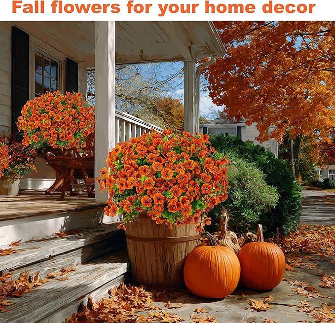 Artificial Fall Flowers Outdoor Fake Mums - 16 Bundles Fake Plants UV Resistant No Fade Faux Plastic Greenery Garden Porch Patio Fall Home Decor (Red Orange16) AXYLEX