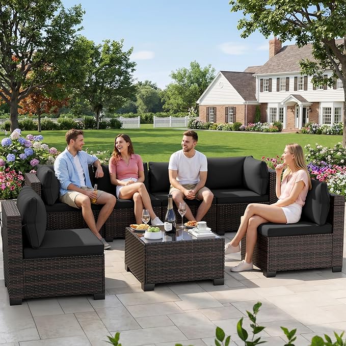 LEVELEVE 7 Pieces Outdoor Patio Furniture Sets,Rattan Conversation Sectional Set,Manual Weaving Wicker Patio Sofa with Tea Table(Black 7pcs) Enjoyyourlife