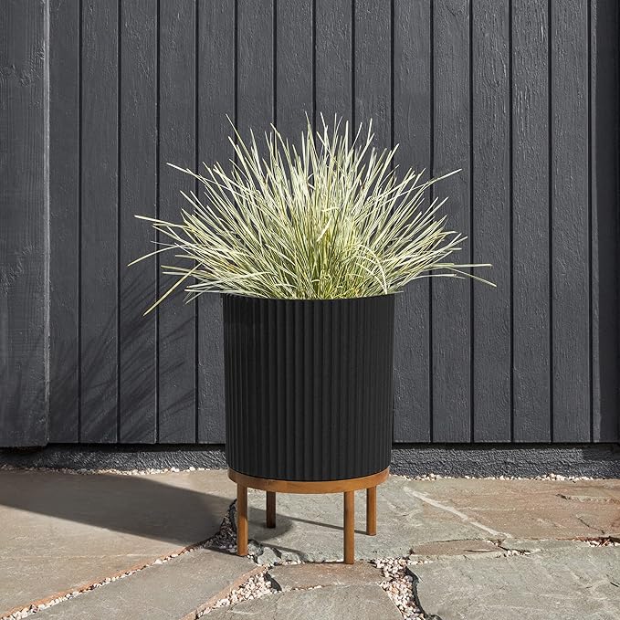 Veradek Demi Series Round Planter w/Stand for Porch/Patio | Durable Plastic-Stone Composite & Wooden Stand | Modern Décor for Tall Plants, Flowers VeradekOutdoor