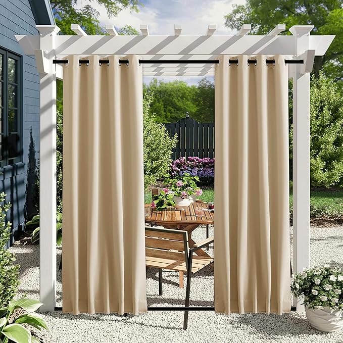NICETOWN 2 Panels Outdoor Patio Curtains Windproof & Waterproof, Top & Bottom Grommet & Back Tab Light Blocking Drapes Keep Privacy for Yard/Porch with Ropes for Fixed, Biscotti Beige, W46 x L72 NICETOWN