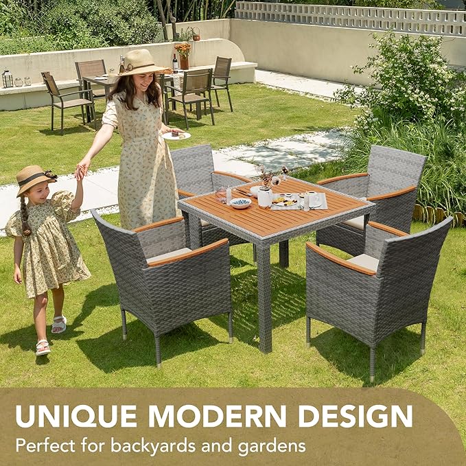 Devoko 5 PCS Furniture, Patio Conversation Set with Acacia Wood Top, Rattan Outdoor Dining Table and Chairs for Backyard, Garden, Deck, Grey DEVOKO