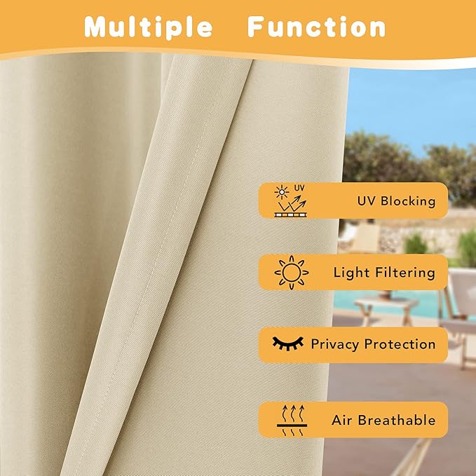 HolidayIdeas Extra Wide Outdoor Curtains for Patio Waterproof, 4 Panels - 110 x 120 Inch - Privacy & Light Filtering Curtains Cream Grommet Outside Curtains for Porch, Gazebo, Pergola, Backyard HolidayIdeas