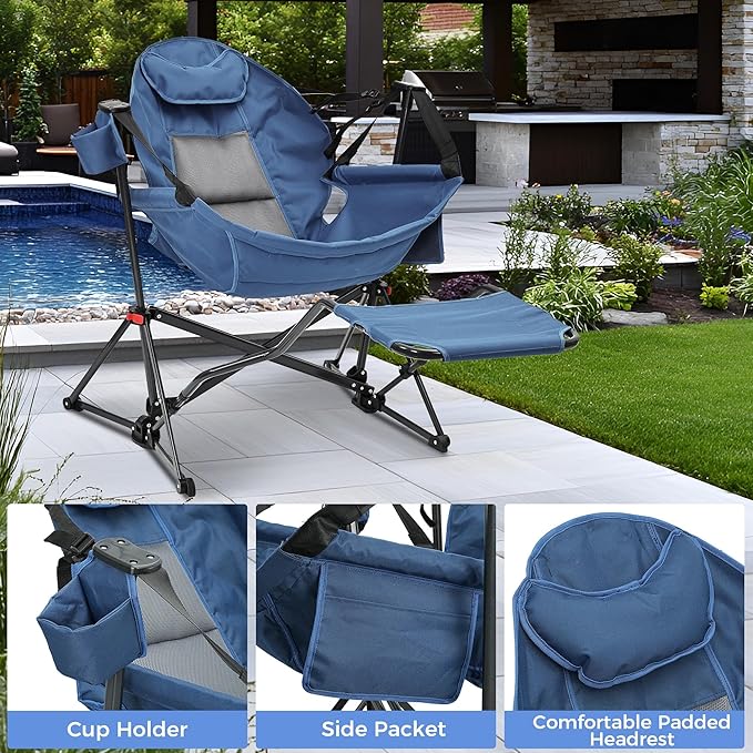 Ainfox Hammock Camping Chair with Footrest, Foldable Portable Rocking Chairs for Adults Outside Swinging Camp with Cup Holder Pillow for Outdoor Patio Poolside (Dark Blue) Ainfox