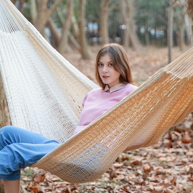 PNAEUT Handwoven Mayan Hammocks, Double Rope Hammock for Outdoor Outside & Indoor, Thick Soft 600 lbs Capacity Heavy-Duty, Includes Tree Straps, Carabiners & Carrying Bag (Nature, X-Large) PNAEUT