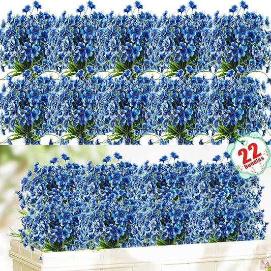 22 Pack Artificial Flowers Outdoor Fake Plants, Faux Flowers UV Resistant with Plastic Plants, Faux Silk Flowers for Outdoors Outside Front Porch Hanging Planter Window Box Garden Decoration(Blue) Powbrace