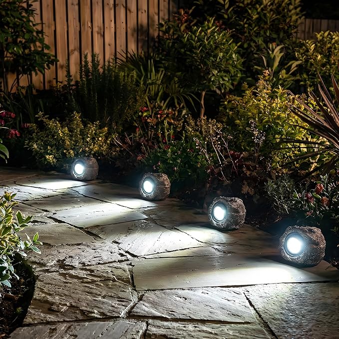 Solar Rock Lights Outdoor – 4 Pack Waterproof LED Landscape Garden Spotlights, Realistic Stone Design, Wireless Solar Powered Pathway Lights for Yard, Walkway, Patio & Lawn Decoration (Auto On/Off) VISFLAIR