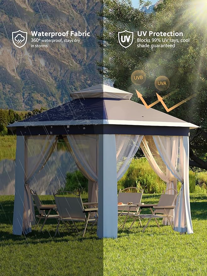 Garvee Pop Up Gazebo Screen Tent,Hexagonal Instant Gazebo Tent with Mosquito Netting Outdoor Canopy,6 Sided Sun Shelter 13x13ft with Mesh Netting,Pavilion Tents for Patio,Blue+Beige Garvee