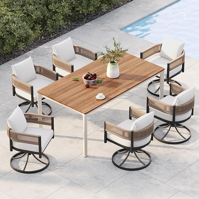 Grand patio 7-Piece Outdoor Dining Set for 6, Metal Woven Wicker Swivel Patio Chairs with Thickened Cushions & 1 Walnut-Like Aluminum Dining Table for Backyard Deck GrandPatio