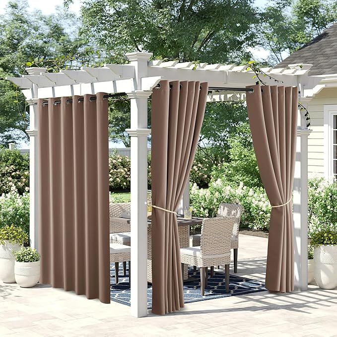 NICETOWN 2 Panels Outdoor Curtains for Patio Waterproof, Home Decor Thermal Insulated Grommet Blackout Indoor Outdoor Vertical Blinds for Garage/Gazebo/Pergola, W84 x L95, Tan NICETOWN
