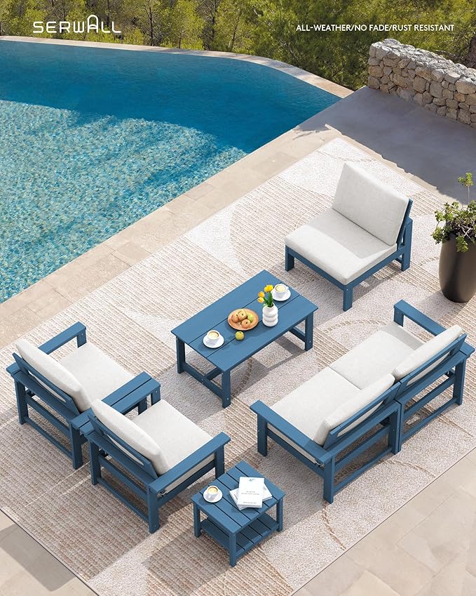 SERWALL HDPE Patio Furniture Set, 7-piece Outdoor Sectional Sofa Set, All Weather Outdoor Couch Set for Deck, Lawn, Blue Frame with Khaki Cushion SERWALL