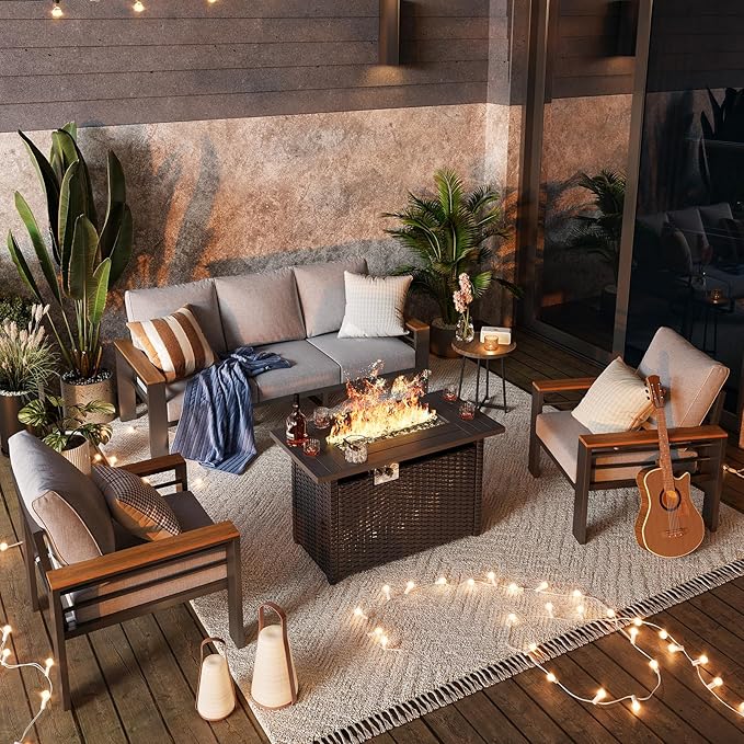 Aoxun Aluminum Outdoor Patio Furniture Set, 6-Piece Outdoor Sectional with 44'' Propane Gas Firepit Table, Patio Conversation Sets with Upgraded Armrests and Cushions for Backyard (Grey,5 Seats) Aoxun
