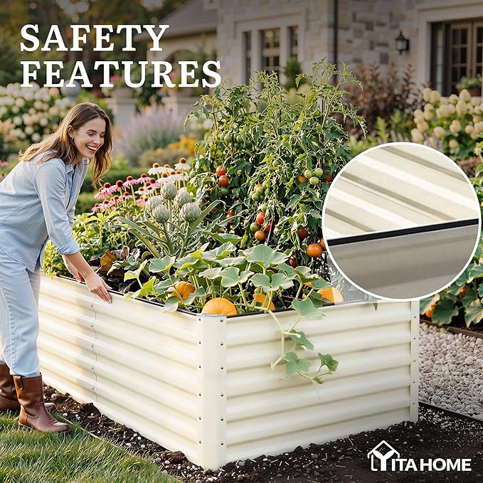 YITAHOME 8x4x2ft Large Raised Garden Bed Kit, Galvanized Metal Planter Box with Gloves, Support Rod & Safety Rubber, Outdoor Above Ground Planters for Plants Vegetables Flowers, Cream Yellow YITAHOME