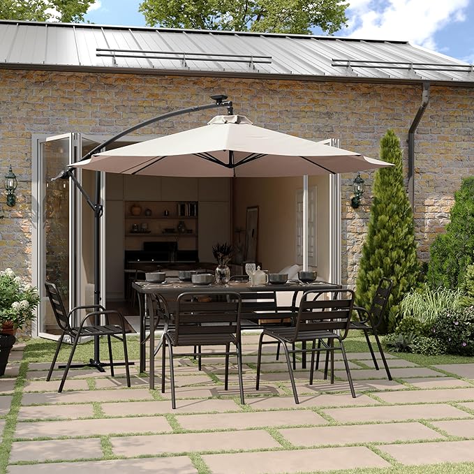 Flash Furniture Sedona Round Solar Cantilever Umbrella, Commercial Grade with Built in Cross Base, Crank and Tilt, 32 LED Lights, 6 Hour Run Time, 10 FT, Tan FlashFurniture