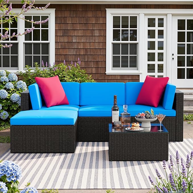 Devoko 5 Pieces Patio Furniture Sets All Weather Outdoor Sectional Patio Sofa Manual Weaving Wicker Rattan Patio Seating Sofas with Cushion and Glass Table (Blue) DEVOKO