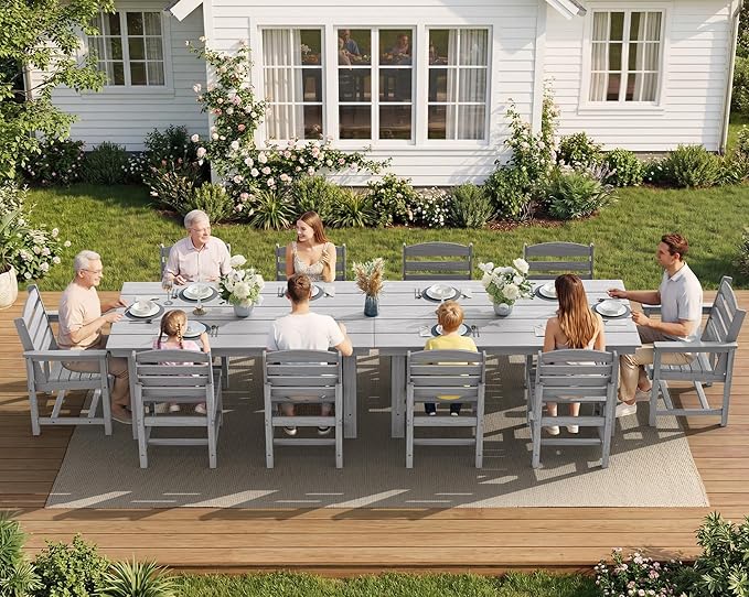 SERWALL Patio Dining Sets for 6 Person, HDPE Dining Set with 6 Armless Chairs, Light Gray SERWALL