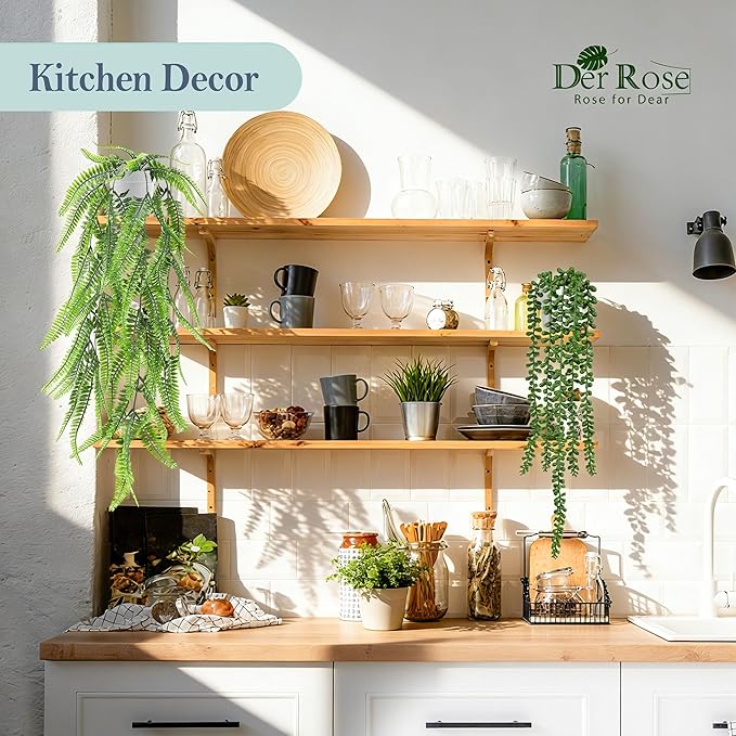 Der Rose 4Pcs Fake Plants Hanging Artificial Ivy Vine Faux Eucalyptus Hanging Plants, Boston Fern, String of Pearls for Living Room Bedroom Boho Wall Shelf Indoor Outdoor Decor (White Pots) DerRose