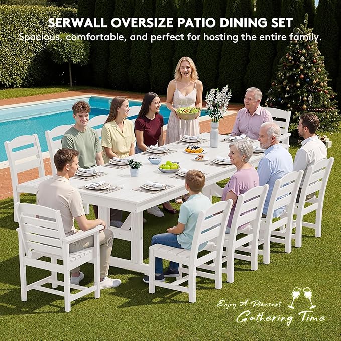 SERWALL 11 Piece Outdoor Dining Set, 84" HDPE Outdoor Table and Chairs for 10，All Weather Patio Furniture Set with Umbrella Hole for Backyard, Garden, White SERWALL