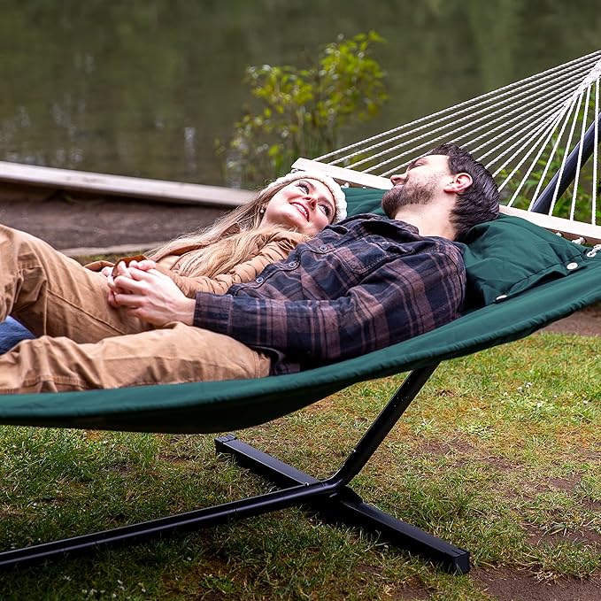 SUNCREAT Hammocks Extra Large Double Hammock with 12 ft Stand for Outside, 475lbs Capacity, Outdoor Portable Hammock with Hardwood Spreader Bar, Extra Large Pillow, Dark Green SUNCREAT
