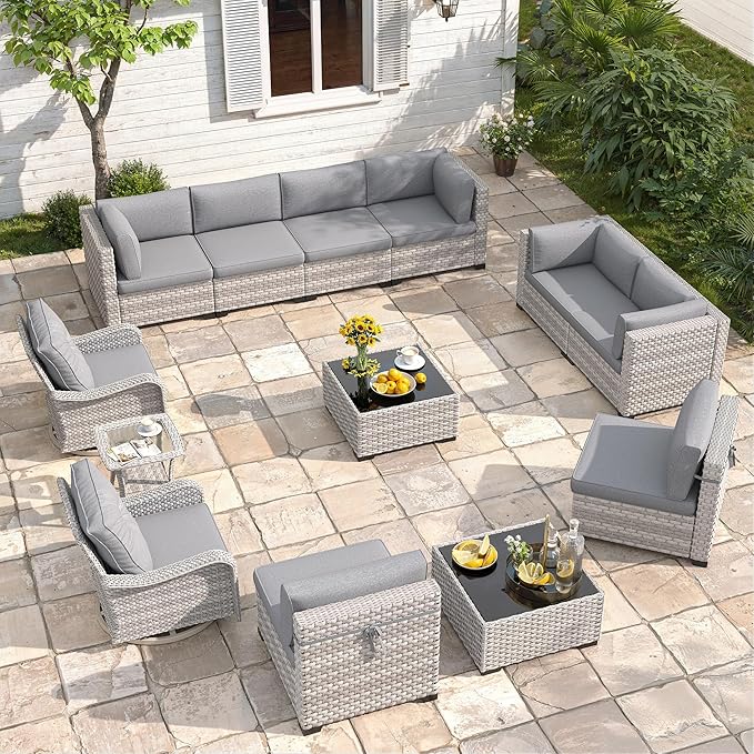 10-Seat Modern Patio Furniture Set with Swivel Rocking Chairs, Thick 4″ Cushions, Dual-Strand Wicker Rattan, Rust-Resistant Steel Frame – Outdoor Conversation & Modular Sectional,Gray MASIONBACKYARDS